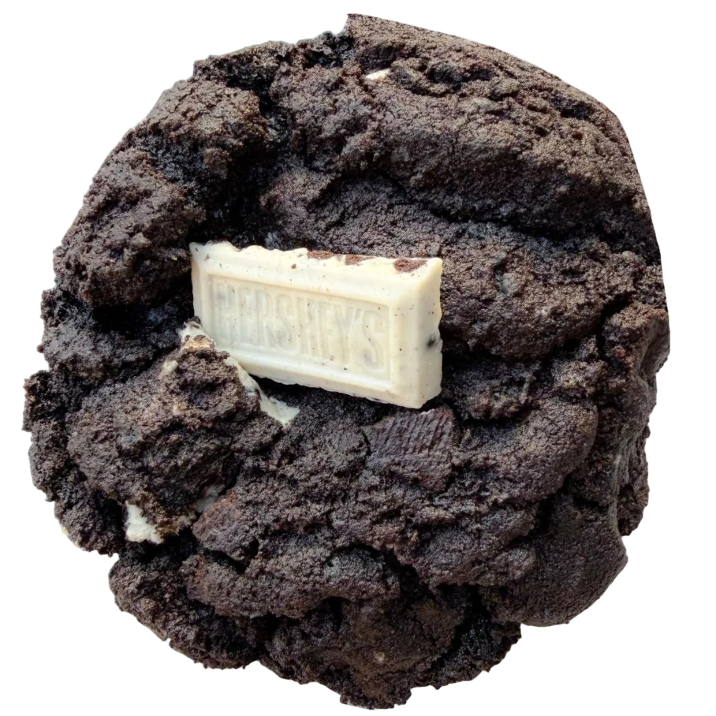 Oreo cookie with a Hershey's bar inside on a white background